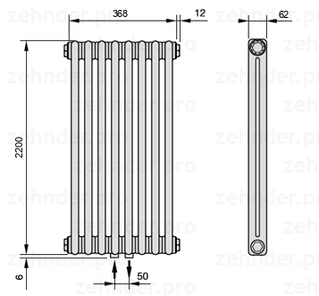 Схема (чертеж) Радиатор Zehnder Charleston 2220/8 №3470 Белый глянцевый RAL 9016